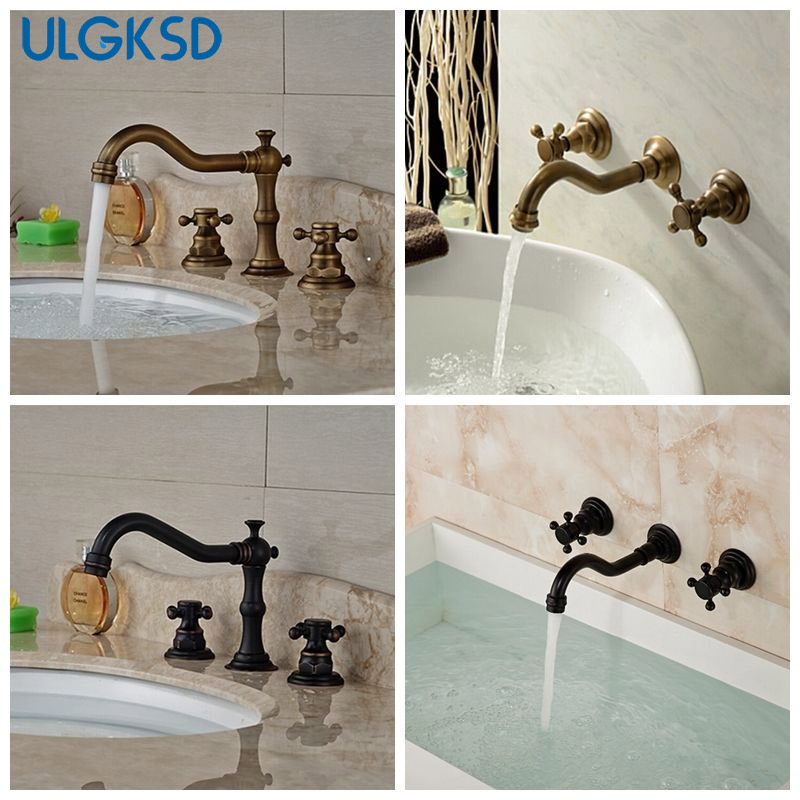 ULGKSD ǰ 귡  ũ   ڵ  Ǵ  Ʈ   ݵ  ¼ ͼ /ULGKSD Antique Brass Bathroom Sink faucet Dual Handle Wall or Deck Mount Basin F